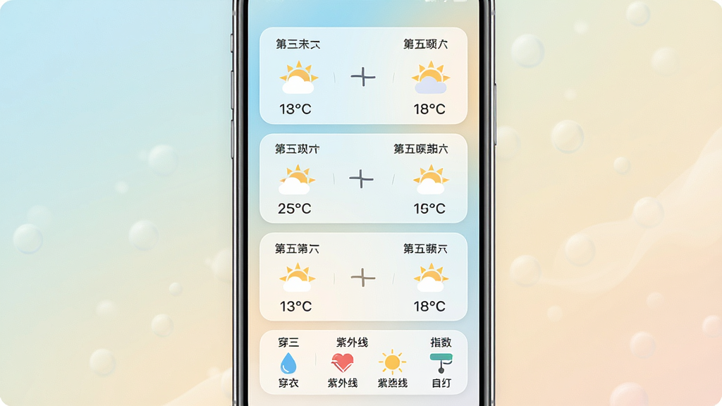 一张展示多日天气趋势与生活指数界面的图片,画面主体是手机屏幕,屏幕内显示未来七天天气卡片列表,每张卡片包含日期、天气图标、温度区间,下方有穿衣、紫外线等生活指数图标。布局为手机正视图居中,风格为清新浅色风,细节包括彩色天气图标、柔和背景渐变、圆角卡片,画质高清,画面干净,无多余元素。