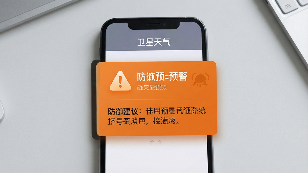 一张展示天气预警提醒界面的图片,画面主体为手机屏幕,屏幕内显示橙色预警卡片,卡片上有感叹号图标、预警标题文字与防御建议摘要,顶部标注