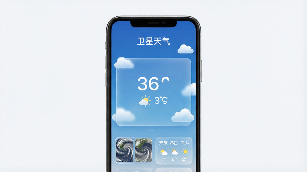 一张手机屏幕展示天气应用主界面的图片,画面中央是手机正视图,屏幕内显示蓝色渐变天空背景与白色云朵图标,界面顶部有