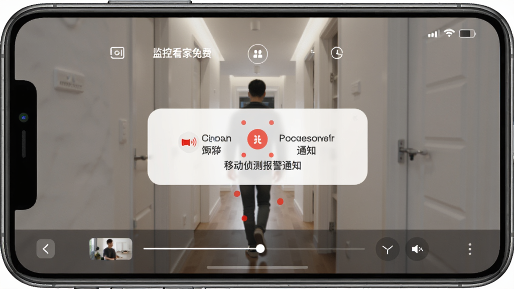 手机屏幕上显示手机监控看家免费的移动侦测报警通知弹窗,画面背景为家庭走廊,有人影经过触发报警,红点标记移动区域,界面带有时间轴回放功能,画面中带有手机监控看家免费字样,风格简洁现代,画质高清,干净无多余元素