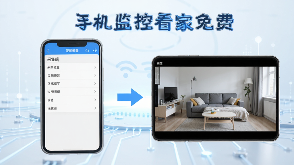 手机监控看家免费软件操作界面截图,左侧展示采集端设置页面,右侧展示观看端实时画面,中间用箭头连接表示两台手机互联,画面中带有手机监控看家免费字样,背景为简洁的科技风格,蓝白配色,画质高清,干净无多余元素