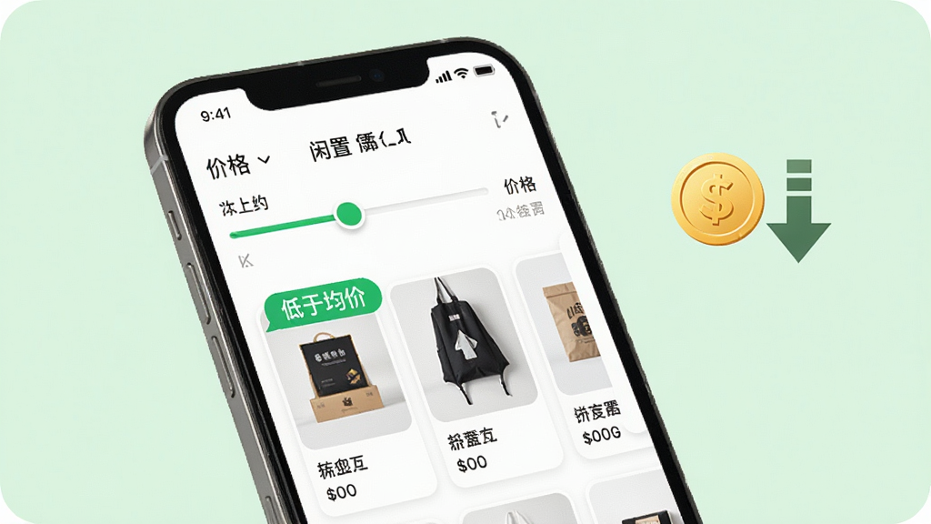 闲置二手物品捡漏智能价格筛选功能展示,画面中央是手机屏幕显示价格滑块和商品卡片,卡片上有绿色“低于均价”标签,旁边有金币和下降箭头图标,背景为浅绿色,排版简洁,细节清晰,画质干净无多余元素