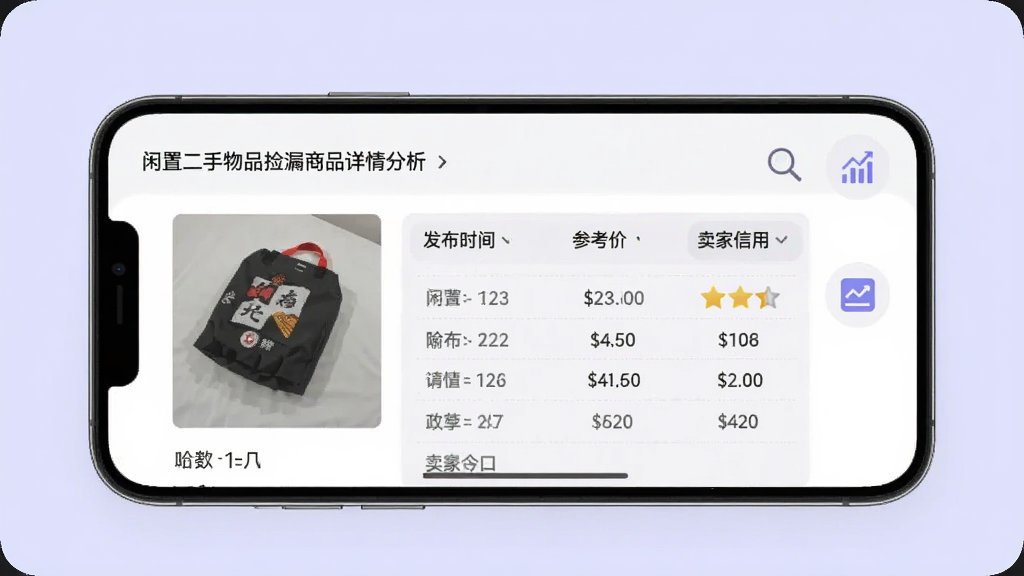 闲置二手物品捡漏商品详情分析页面,手机屏幕显示商品图片和参数表格,表格中有“发布时间”“参考价”“卖家信用”等字段,旁边有放大镜和图表图标,背景为浅紫色,排版清晰,细节干净,画质优良