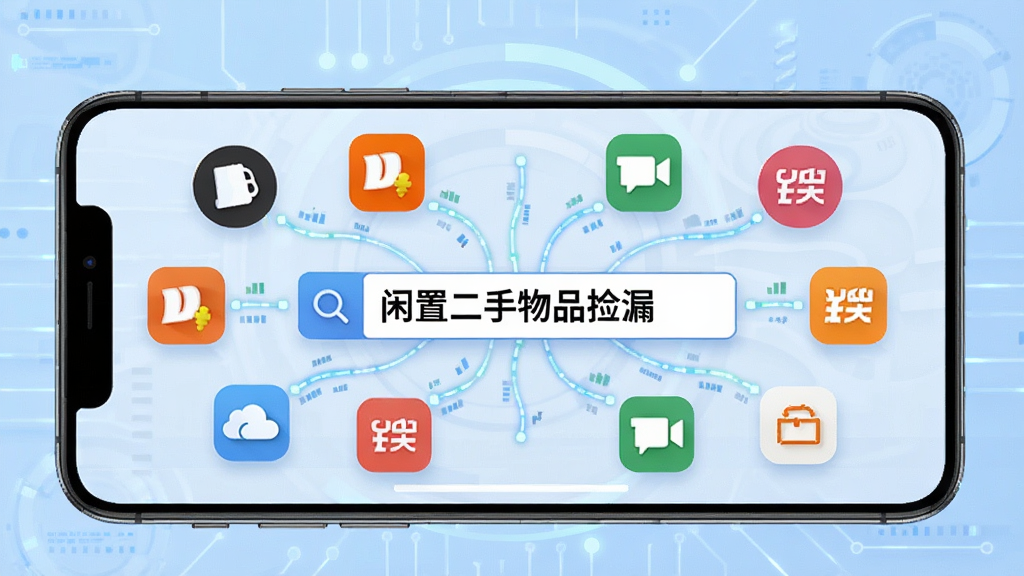 闲置二手物品捡漏多平台聚合搜索界面,画面中一部手机横屏显示多个二手平台图标汇聚到中央搜索框,搜索框内写有“闲置二手物品捡漏”字样,周围有数据流线条连接,背景为淡蓝色科技风格,布局对称,细节清晰,画质干净
