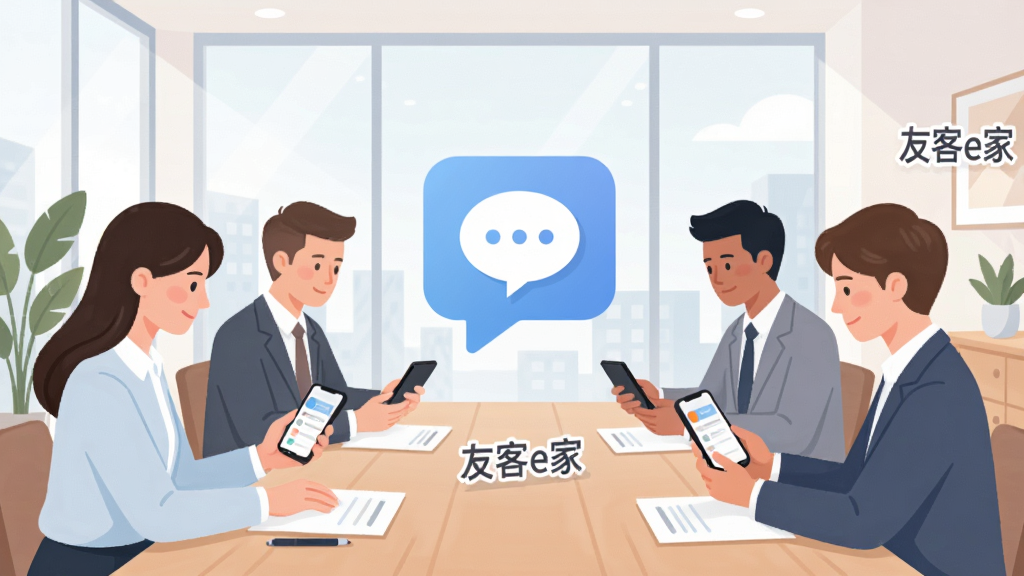 多位房产经纪人围坐在会议桌旁,各自使用手机查看友客e家消息通知,画面中央悬浮一个消息气泡图标,背景为明亮办公室,风格为商务扁平插画,配色柔和,细节干净,画质清晰,画面中带有“友客e家”字样