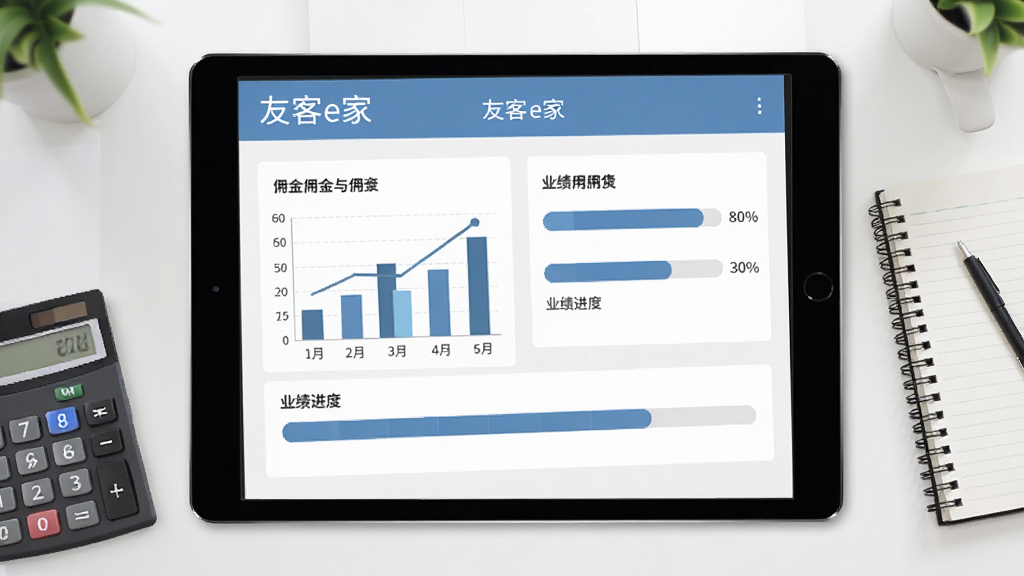 友客e家业绩佣金页面在平板电脑上展示,画面中显示佣金图表与业绩进度条,旁边有计算器和笔记本,背景为简洁的办公桌面,风格为扁平化信息图,配色以蓝灰为主,细节清晰,画质干净,界面中带有“友客e家”字样