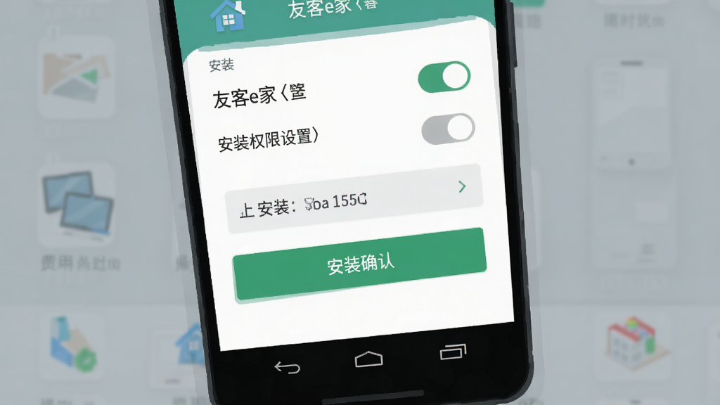 友客e家应用在安卓手机上的安装权限设置界面,画面展示手机屏幕中的权限开关与安装确认按钮,背景为简洁的灰色桌面,风格为扁平化科技插画,色调冷静,细节清晰,画质干净,突出“友客e家”安装流程,无多余元素