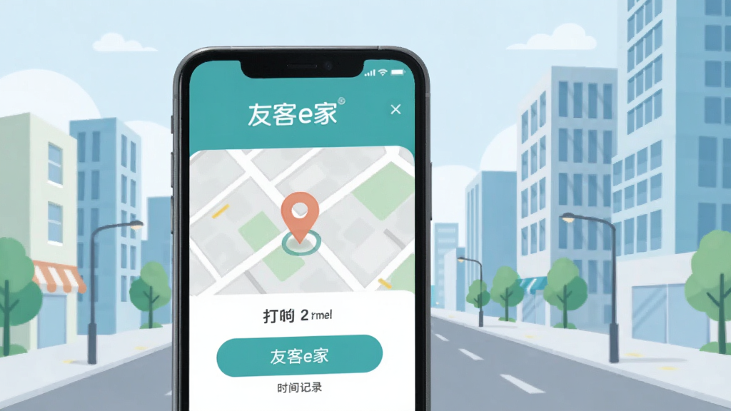 手机屏幕显示友客e家签到页面,地图上有一个定位标记,旁边是打卡按钮与时间记录,背景为城市街道与办公楼,风格为现代简约插画,色调清爽,画面干净,突出“友客e家”应用界面,画质清晰无多余元素