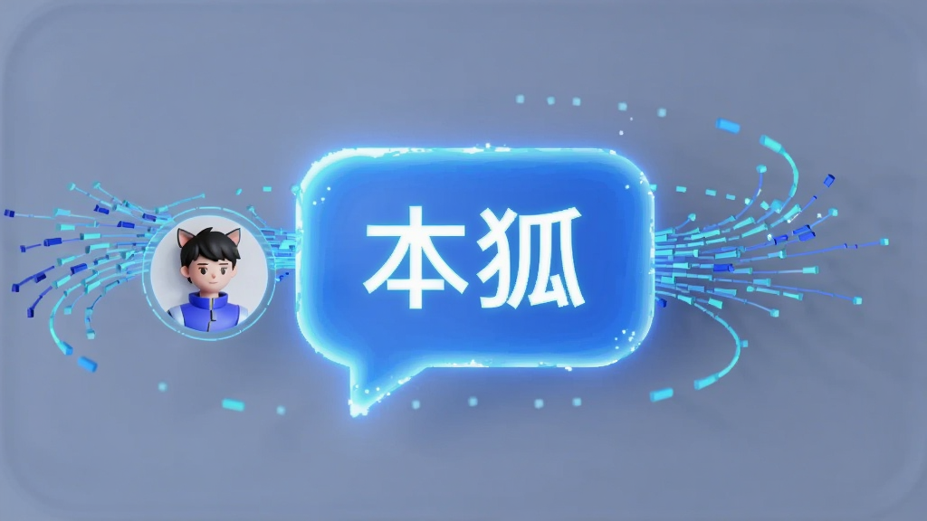 画面主体为一个发光的蓝色对话气泡与用户头像交互,气泡中显示“本狐”文字,周围环绕数据流线条。布局为左右对称,风格为科技感3D渲染,细节包括光晕、粒子效果、圆角矩形对话框,画质高清干净,无多余元素。