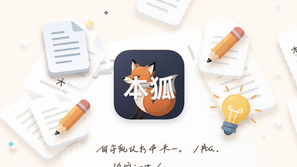 画面展示“本狐”应用界面中生成一段文字的过程,屏幕中央有“本狐”标识,周围漂浮着文档、铅笔、灯泡图标。布局为居中展示,风格为简洁扁平化插画,细节包括文字排版、图标阴影、浅色背景,画质清晰干净,无多余元素。