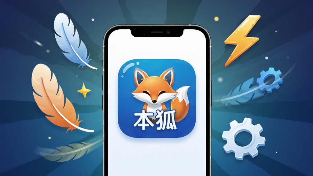画面中央为一部手机展示“本狐”应用图标,周围环绕羽毛、闪电、齿轮等象征轻量与效率的元素。布局为放射状构图,风格为简约矢量插画,细节包括图标高光、背景渐变、线条流畅,画质高清干净,无多余元素。