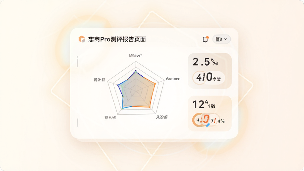 一幅描绘恋商Pro测评报告页面的插画,主体是一张悬浮的数字化报告卡片,卡片上显示着雷达图和分数,布局在画面中央,排版采用卡片式设计,风格为科技感与温馨感结合,细节上图表线条流畅,背景有微弱的几何光晕,画质清晰,干净,无多余元素。