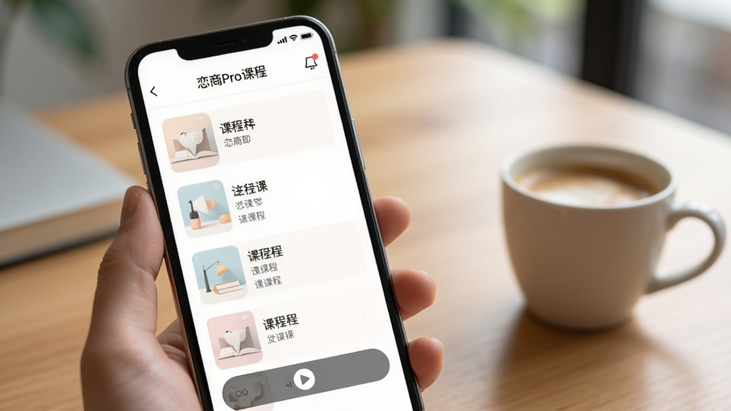 一张展示恋商Pro课程学习界面的图片,主体是手机屏幕显示着课程列表和播放按钮,布局为列表式排列,排版整齐,风格为清新简约风,细节上课程封面图色彩柔和,背景是书桌和咖啡杯的虚化场景,画质高清,干净,无多余元素。