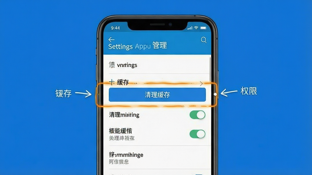 一张展示手机清理缓存和权限设置界面的示意图,主体是手机屏幕显示应用管理页面,布局为设置列表,排版清晰,风格为实用教程风,细节上高亮显示了清理缓存按钮和权限开关,背景为纯色,画质高清,干净,无多余元素。
