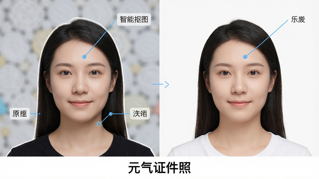 一张展示元气证件照智能抠图功能的示意图,主体为人物半身像从复杂背景中被分离出来,布局为左右对比,左侧为原图,右侧为抠图后纯色背景效果,排版居中,风格为写实摄影加UI标注,细节包括人物轮廓清晰、背景干净、底部有“元气证件照”文字标识,画质高清,干净,无多余元素