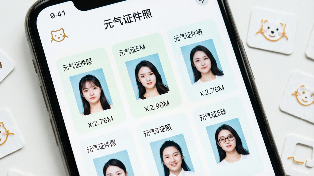 一张展示元气证件照尺寸模板选择界面的图片,主体为手机屏幕,布局为网格状排列的尺寸选项,排版整齐,风格为清新浅色UI,细节包括每个选项带有尺寸名称和示意图标,顶部有“元气证件照”文字,背景为白色,画质清晰,干净,无多余元素