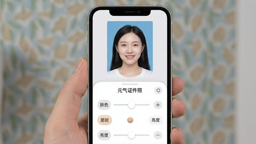 一张展示元气证件照美颜调节功能的图片,主体为手机屏幕显示人物证件照预览,布局为上下结构,上方为照片预览,下方为美颜滑块和选项,排版简洁,风格为柔和圆角UI,细节包括“元气证件照”文字、肤色、磨皮、亮度等调节项,画质清晰,干净,无多余元素