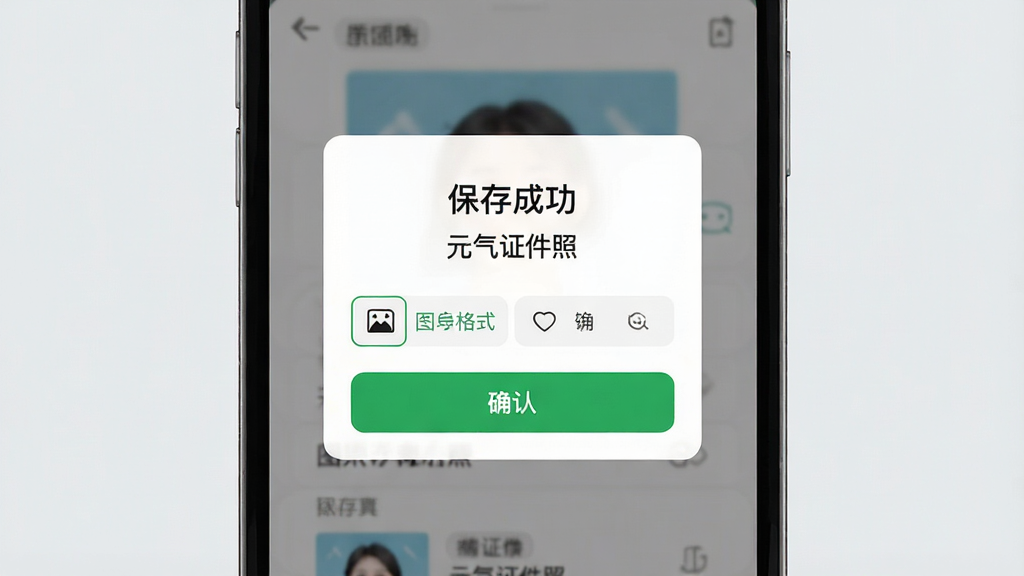 一张展示元气证件照导出保存界面的图片,主体为手机屏幕,布局为居中弹窗,排版简洁,风格为现代扁平化设计,细节包括“保存成功”“元气证件照”文字、图片格式选项和确认按钮,背景为浅灰色,画质清晰,干净,无多余元素