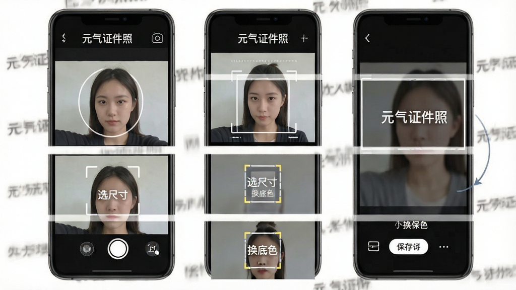一张展示手机端元气证件照操作步骤的示意图,主体为手机屏幕分步截图,布局为纵向排列的四个步骤,排版清晰,风格为简约商务UI,细节包括“元气证件照”文字、拍摄、选尺寸、换底色、保存等步骤标注,画质清晰,干净,无多余元素
