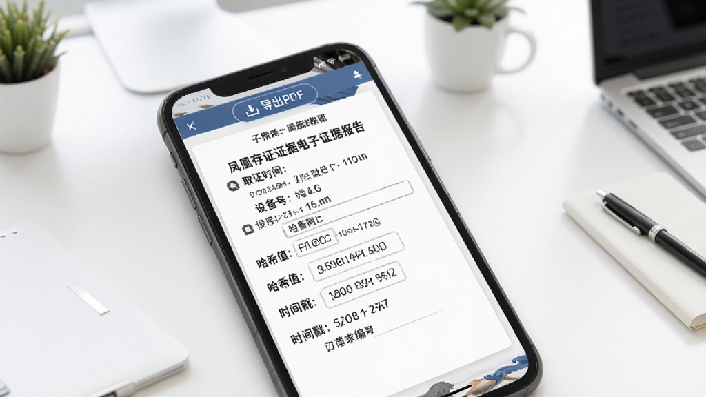 凤凰存证证据报告生成界面,手机屏幕显示一份完整的电子证据报告,包含取证时间、设备型号、哈希值、时间戳编号等字段,报告上方有“导出PDF”按钮,背景是干净的白色办公桌面,风格商务专业,画质清晰,干净无多余元素