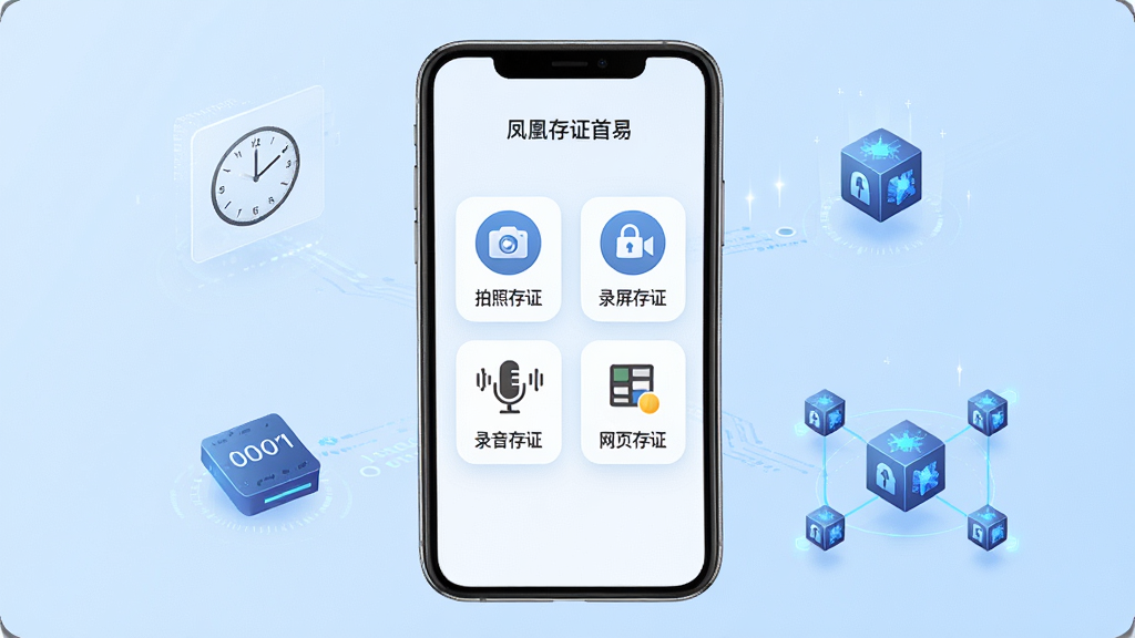 凤凰存证APP主界面展示,画面中央是一部智能手机,手机屏幕上显示凤凰存证的首页界面,包含拍照存证、录屏存证、录音存证、网页存证四个功能图标,背景是干净的浅蓝色渐变,周围环绕着时间戳、哈希值、区块链节点等抽象科技元素,整体风格简洁专业,画质清晰,干净无多余元素