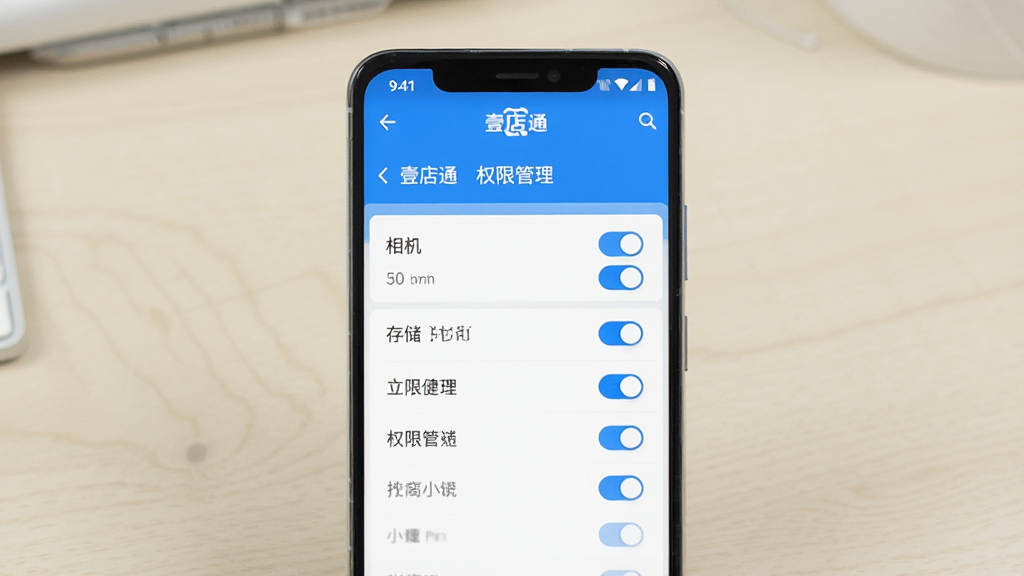 主体为一部安卓手机显示壹店通App的权限设置页面,页面中包含相机、存储等权限开关选项。布局为手机正面展示居中,背景为简洁的浅色桌面。排版上权限列表清晰排列。风格为扁平化UI设计风格,色调以白色和蓝色为主。细节上屏幕文字标注“壹店通”“权限管理”。画质高清,画面干净,无多余元素。