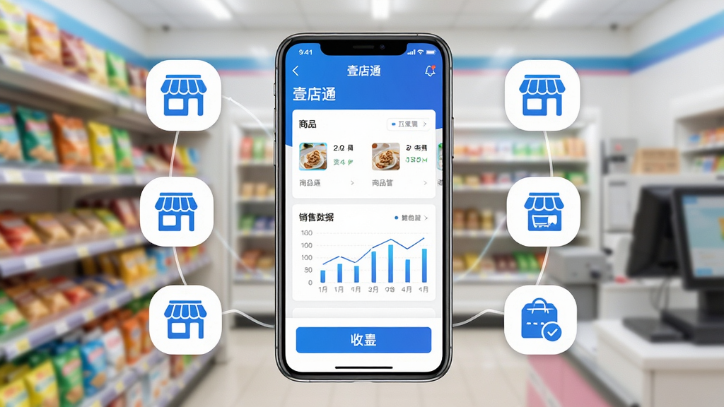 主体为一部智能手机,屏幕上展示着壹店通App的店铺管理主界面,界面中包含商品列表、销售数据图表和收银按钮等模块。布局采用居中构图,手机放置于画面正中央,背景为虚化的便利店货架场景。排版上手机屏幕内容清晰可见,周围环绕着简洁的店铺经营相关图标元素。风格为现代科技感与商业实用风格结合,色调以蓝色和白色为主。细节上屏幕内文字标注为“壹店通”和“店铺管理”,图表线条清晰。画质为高清渲染,画面干净,无多余元素。