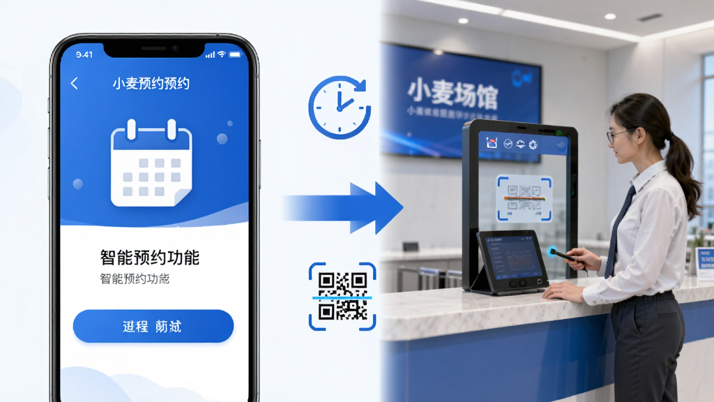 小麦场馆通智能预约功能展示图,画面左侧为手机预约界面,右侧为场馆前台核验场景,中间用箭头连接表示流程,画面中有日历图标、时钟图标、二维码扫描图标,风格简洁商务,配色以蓝色和白色为主,高清画质,细节丰富,无多余元素