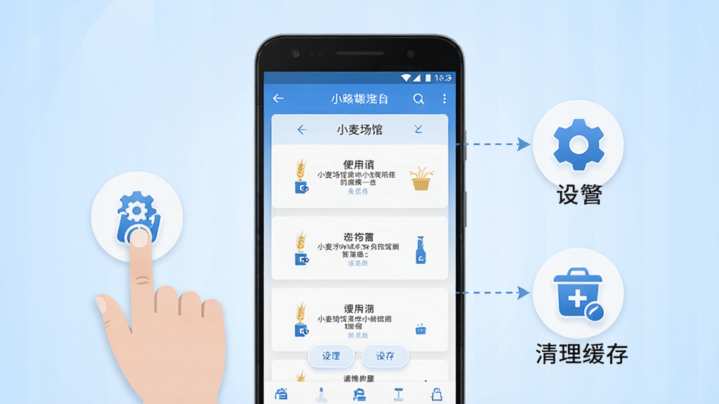 小麦场馆通移动端使用攻略示意图,画面展示一部安卓手机屏幕显示软件操作步骤,手机旁边有手指点击图标、齿轮设置图标和清理缓存图标,背景为浅蓝色渐变,风格简洁清晰,配色以蓝白为主,高清画质,画面干净,无多余元素