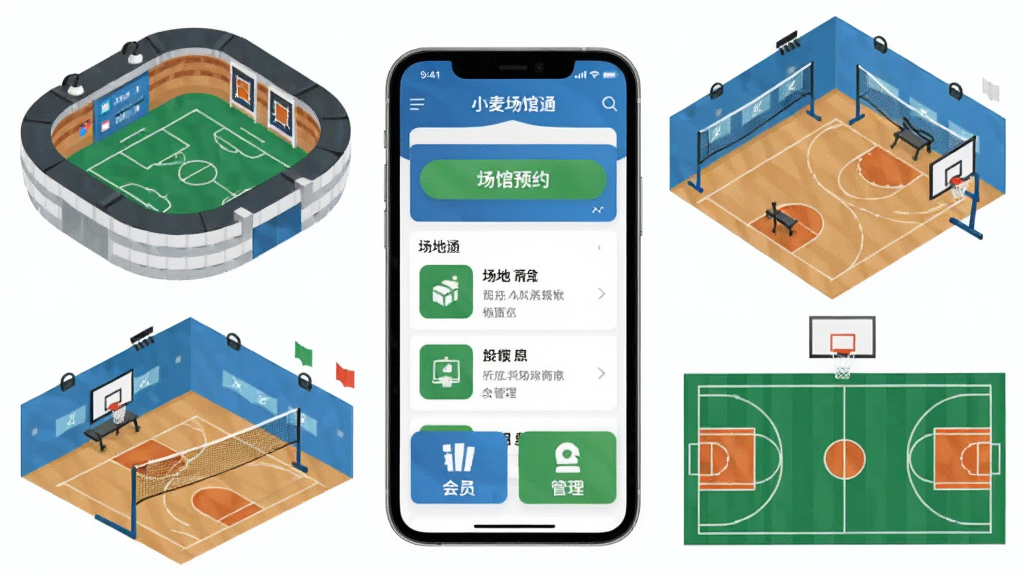 一张展示小麦场馆通软件核心功能的合成图,画面中央放置一部智能手机,手机屏幕显示小麦场馆通APP首页界面,包含场馆预约按钮、场地列表和会员管理图标,手机周围环绕着体育场馆、羽毛球馆、篮球场等元素,采用扁平化插画风格,配色以蓝白绿为主,画面干净整洁,细节清晰,高清画质,无多余元素