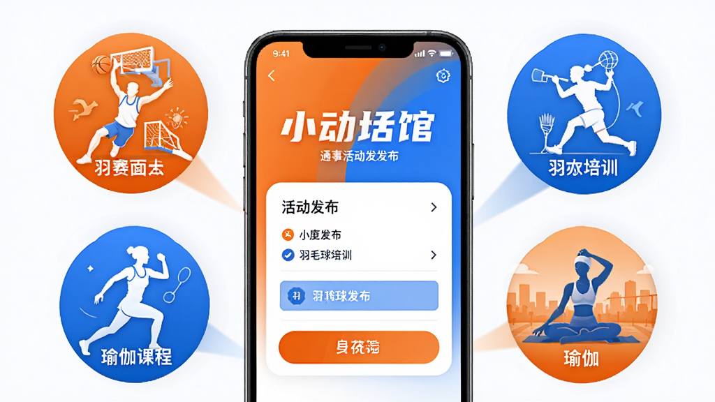 小麦场馆通赛事活动发布功能示意图,画面中心为手机屏幕显示活动发布页面,周围环绕篮球赛、羽毛球培训、瑜伽课程等活动图标,人物剪影正在运动,风格活力清新,配色以橙色和蓝色为主,高清画质,构图清晰,无多余元素