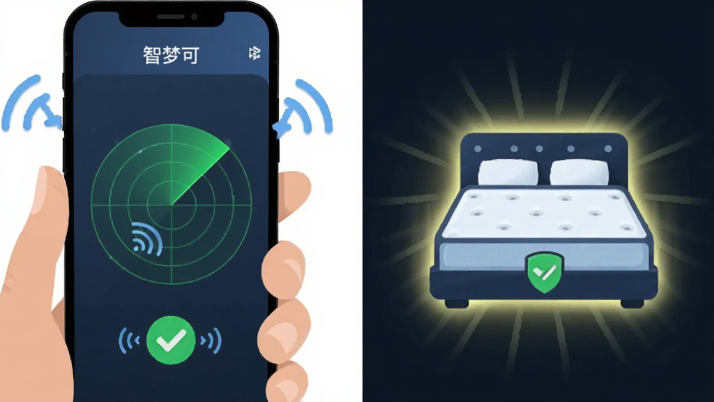 画面主体为一只手拿着手机,手机屏幕上显示“智梦可”应用正在搜索设备的雷达扫描动画,旁边是一个发光的智能床垫图标,布局为左右分栏,左侧手机右侧床垫,风格为扁平化插画风,细节有蓝牙信号波纹和连接成功的对勾图标,画质干净,无多余元素。