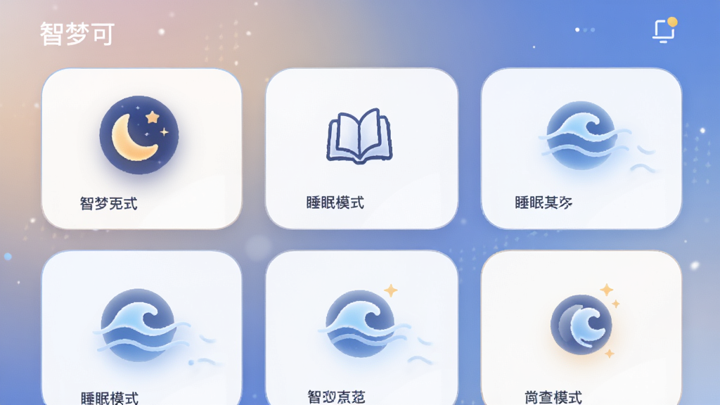 画面主体为“智梦可”应用界面展示多种睡眠模式卡片,卡片上有月亮、书本、波浪等图标,布局为网格状排列,风格为极简UI设计,细节有柔和的渐变背景和圆角卡片,画质清晰,干净,无多余元素。