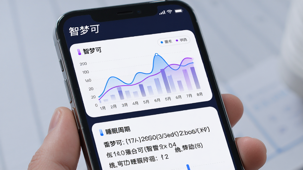 画面主体为手机屏幕显示“智梦可”睡眠报告页面,包含折线图和柱状图展示睡眠周期,布局为上下结构,上方是数据图表下方是文字建议,风格为数据可视化科技风,细节有蓝色和紫色的数据曲线,画质清晰,干净,无多余元素。