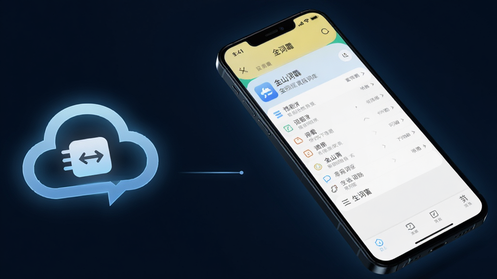一个发光的手机屏幕悬浮在深蓝色背景中,屏幕内显示金山词霸离线词库下载列表和生词本界面,主体为手机与发光词库图标,布局为手机居中偏右,左侧漂浮云同步符号,排版为对角线构图,风格为暗色科技风,细节包括界面内文字清晰、图标有微光效果,画质为高清,干净无多余元素