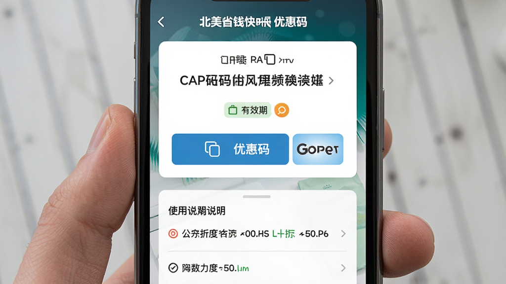 北美省钱快报优惠码使用界面图,画面中央是手机屏幕显示优惠码复制按钮和商家logo,布局为上下结构,排版上方为优惠码卡片下方为使用说明,风格为清新简约风,细节包括复制图标、有效期标签、折扣力度文字,画质高清,干净,无多余元素