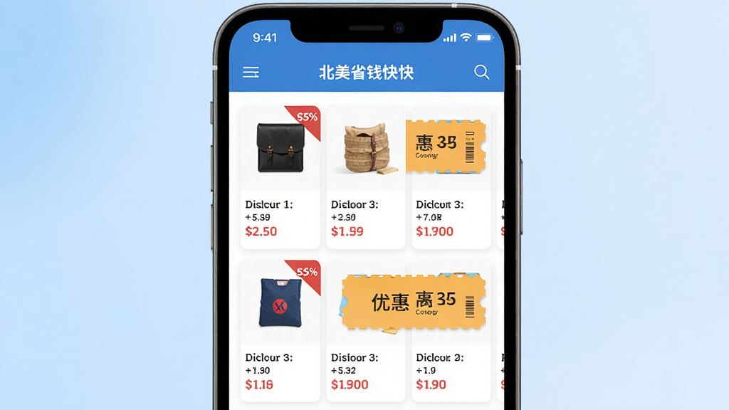 一款名为北美省钱快报的手机应用界面展示图,画面中央是手机屏幕,屏幕内显示折扣商品列表和优惠券图标,背景是浅蓝色渐变,布局为居中构图,排版简洁清晰,风格为现代扁平化UI设计,细节包括商品缩略图、价格标签、折扣百分比角标,画质高清,干净,无多余元素