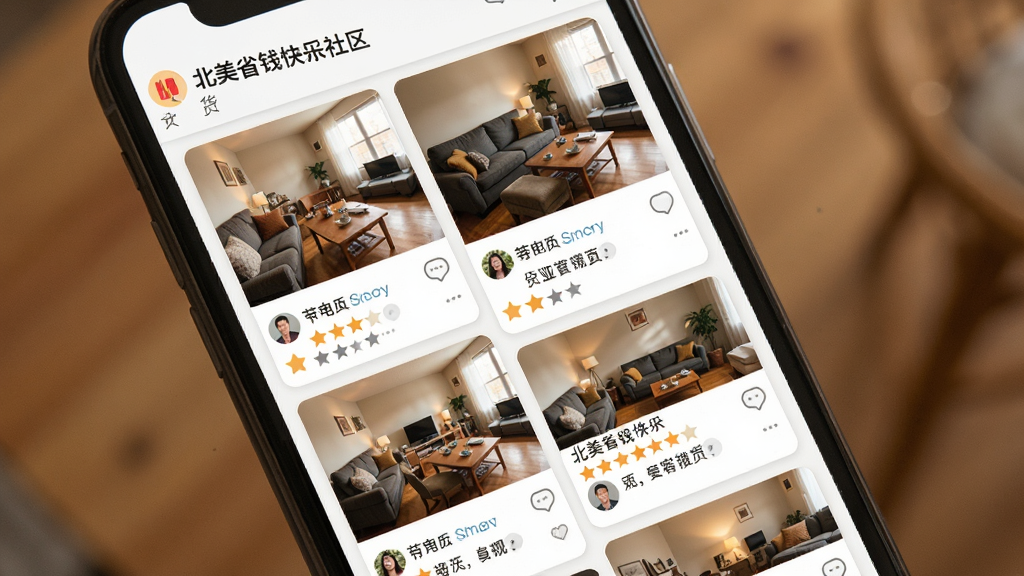 北美省钱快报社区晒货页面图,画面主体是手机屏幕展示用户晒单照片和评论列表,布局为瀑布流卡片式,排版上方为图片下方为文字评价,风格为温暖生活风,细节包括点赞图标、评论气泡、用户头像,画质高清,干净,无多余元素