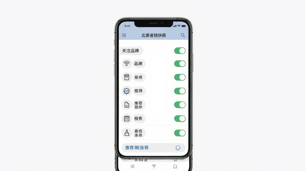 北美省钱快报个性化订阅设置界面图,画面中央是手机屏幕显示关注品牌列表和筛选选项,布局为列表式排版,风格为极简商务风,细节包括开关按钮、分类标签、推荐算法图标,画质高清,干净,无多余元素