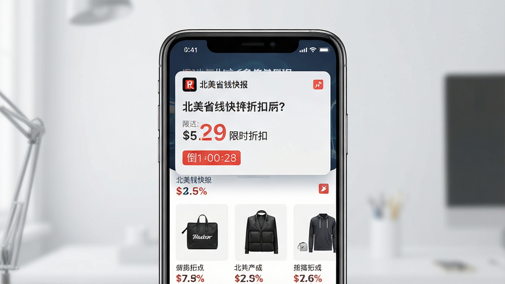 北美省钱快报折扣推送功能展示图,画面主体是手机屏幕弹出通知栏,通知内容显示限时折扣信息,布局为手机居中,排版上方为通知卡片下方为商品缩略图,风格为写实科技风,细节包括品牌logo、折扣数字、倒计时标签,画质高清,干净,无多余元素