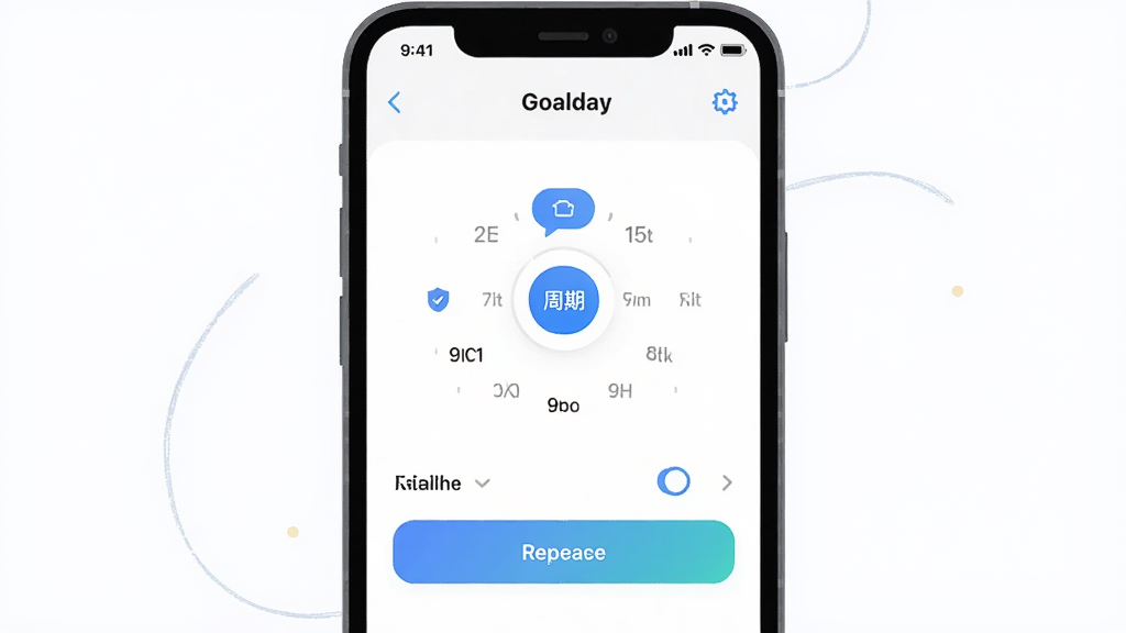 Goalday应用内创建新目标时的设置界面截图风格插图,画面中央是手机屏幕特写,屏幕内显示周期选择器与重复选项按钮,主体突出,布局为居中构图,风格为清爽浅色系UI设计,细节上能看到选中的高亮色块和微小的图标装饰,画质高清,干净无杂乱元素