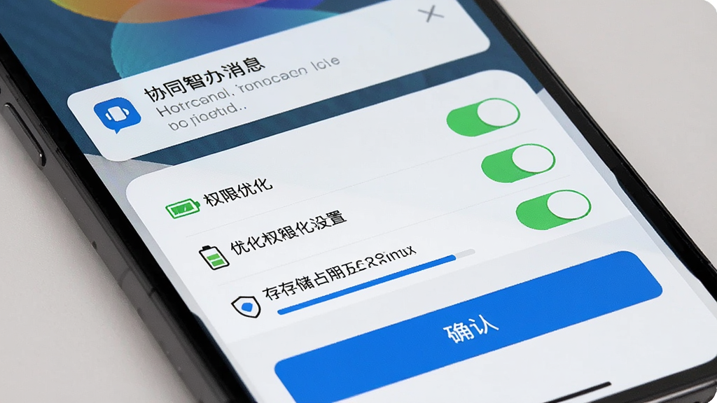 画面主体是手机屏幕特写,显示协同智办消息通知与权限设置界面,布局为上方通知横幅中间权限开关列表下方确认按钮,排版简洁明了,风格为移动端UI展示风,细节包括推送图标、电池优化标识和存储占用条,画质高清,干净,无多余元素