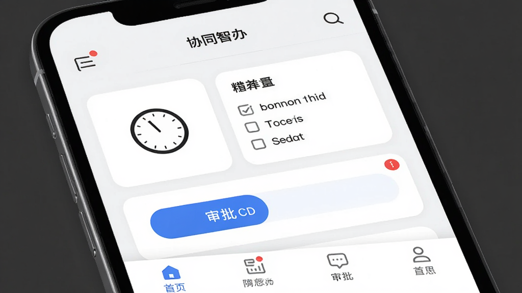 画面主体是一部智能手机,屏幕显示协同智办应用主界面,界面布局为顶部导航栏加中间功能卡片加底部菜单栏,排版整齐清晰,风格为现代简约商务风,细节包括时钟图标、待办列表、审批按钮和消息红点,画质高清,干净,无多余元素