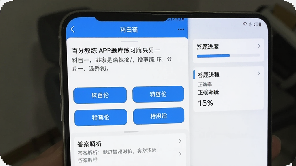 百分教练APP题库练习界面截图,手机屏幕显示一道科目一选择题,题目文字清晰可见,下方有四个选项按钮,底部有答案解析区域,界面右侧显示答题进度和正确率统计,整体布局合理,浅色背景搭配蓝色高亮按钮,干净清爽,适合作为软件功能介绍配图
