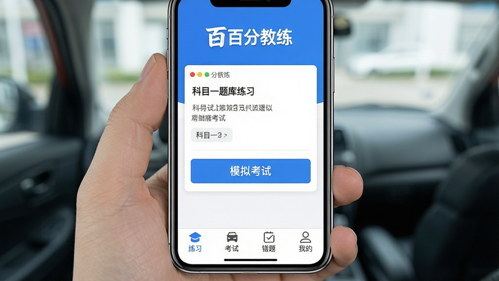 一张展示百分教练APP主界面的手机屏幕截图,画面中央是手机竖屏显示驾考刷题界面,顶部有百分教练文字标识,中部显示科目一题库练习模块和模拟考试入口按钮,底部导航栏包含练习、考试、错题、我的四个图标,整体风格清新简洁,蓝白配色为主,界面干净无多余元素,高清画质,适合软件下载站展示