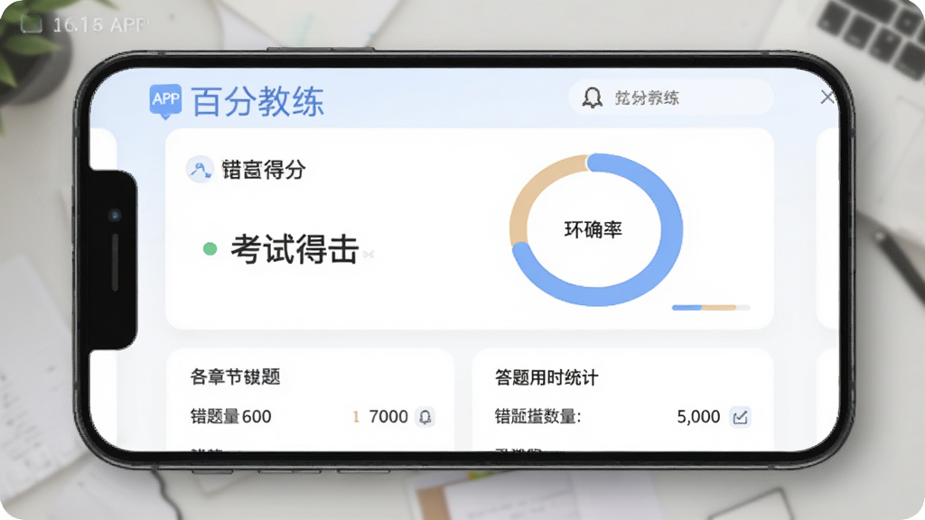 百分教练APP模拟考试成绩报告页面截图,手机屏幕显示考试得分和环形正确率图表,下方列出各章节错题数量和答题用时统计,界面采用卡片式布局,数据可视化清晰,配色柔和舒适,整体风格专业简洁,适合展示软件模拟考试功能