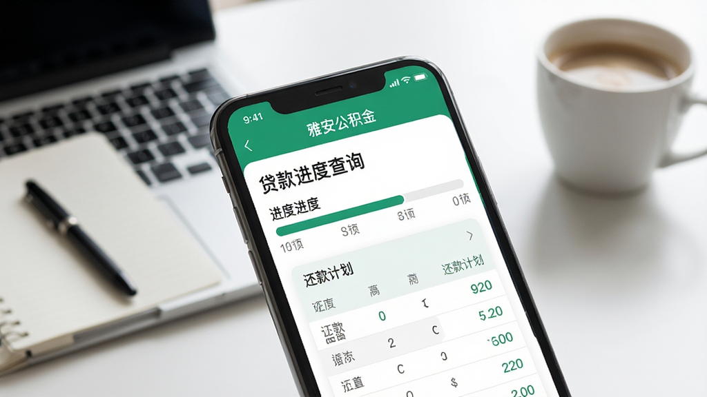 手机屏幕特写,显示“雅安公积金”贷款进度查询页面,包含进度条和还款计划表,背景为办公桌面,有笔记本和咖啡杯点缀,风格现代简约,画质高清,干净无多余元素