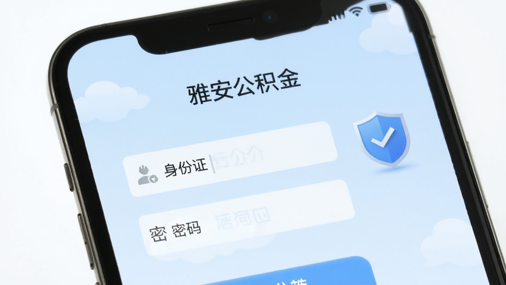 手机屏幕显示“雅安公积金”登录界面,有身份证输入框和密码框,旁边有安全盾牌图标,背景为淡蓝色,风格简洁安全,画质清晰,干净无多余元素