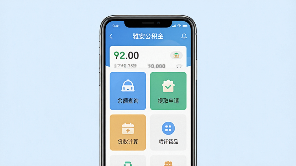 软件主界面展示图,画面中央是一部智能手机,屏幕显示“雅安公积金”APP的首页界面,包含余额查询、提取申请、贷款计算器等图标按钮,背景为淡蓝色渐变,风格简洁商务,画质清晰,干净无多余元素