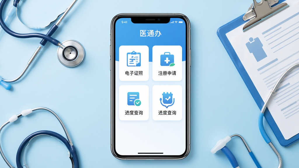 医通办手机应用主界面展示图,画面中央是一部竖屏智能手机,手机屏幕内显示“医通办”应用首页,包含电子证照、注册申请、进度查询等功能入口图标,背景为简洁的医疗蓝色调,周围环绕听诊器、病历夹等医疗元素,整体风格清新专业,画质高清,干净无多余元素
